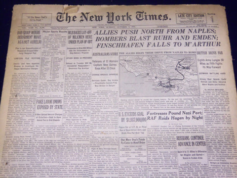 1943 OCTOBER 3 NEW YORK TIMES - FINSCHHAFEN FALLS TO M'ARTHUR - NT 1749