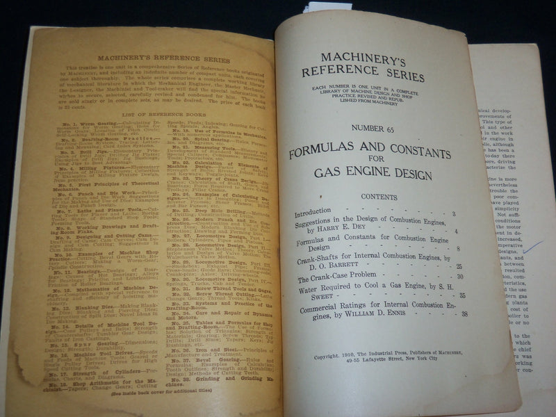 1910 MACHINERY'S FORMULAS FOR GAS ENGINE DESIGN PAMPHLET NO. 65 - J 6579