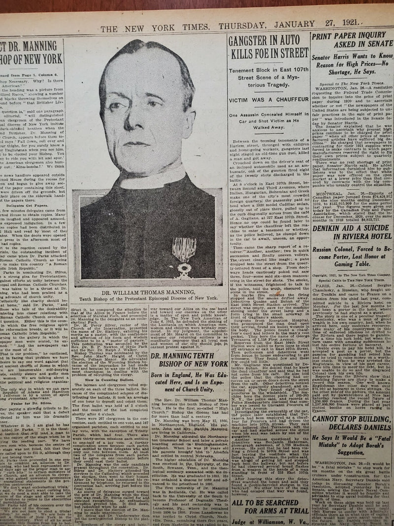 1921 JANUARY 27 NEW YORK TIMES - DR. MANNING ELECTED BISHOP OF NEW YORK- NT 8100