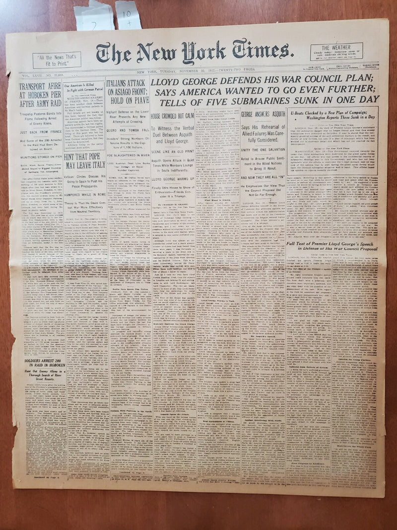 1917 NOVEMBER 20 NEW YORK TIMES - LLOYD GEORGE DEFENDS WAR COUNCIL PLAN- NT 8082