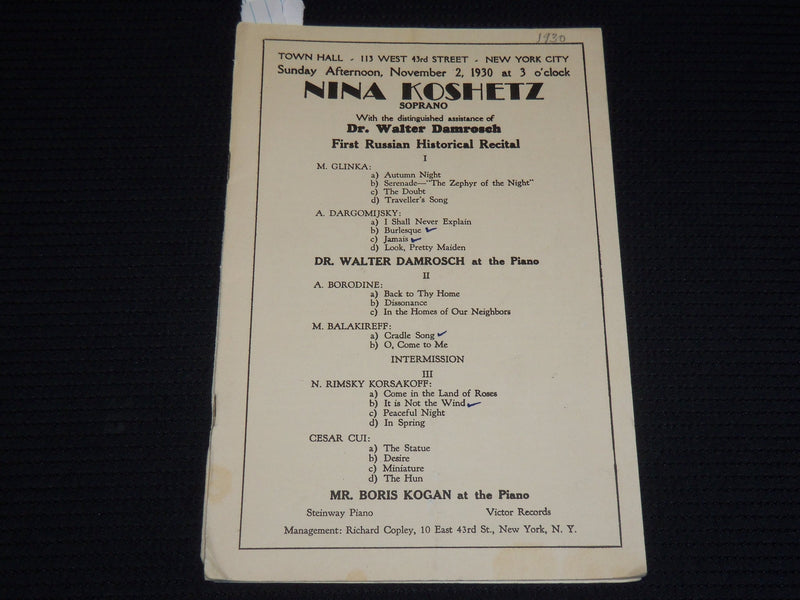 1930 NINA KOSHETZ SOPRANO - DR. WALTER DAMROSCH PROGRAM - K 549