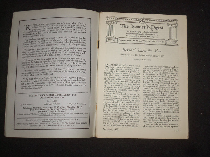 1929 FEBRUARY THE READER'S DIGEST SOFTCOVER BOOK- NUMBER 82- GREY COVERS- J 9924
