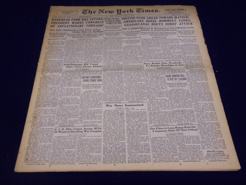1943 APRIL 3 NEW YORK TIMES - GUADALCANAL ROUTS ZEROS' ATTACKS - NT 1744