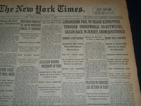 1932 MARCH 7 NEW YORK TIMES - LINDBERGHS FAIL TO REACH KIDNAPPERS - NT 7427