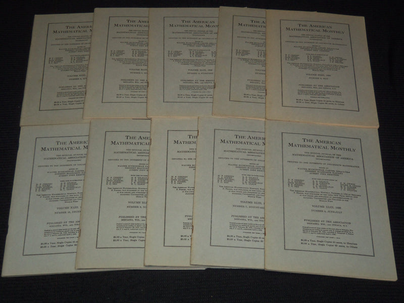 1936 THE AMERICAN MATHEMATICAL MONTHLY MAGAZINE LOT OF 12 - COMPLETE YR- WR 277C