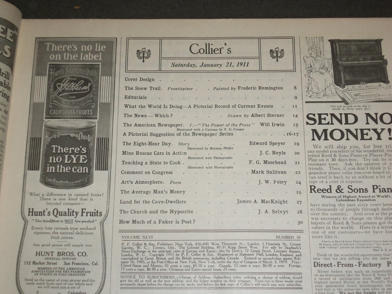 1911 JANUARY 21 COLLIER'S MAGAZINE - FREDERICK REMINGON PAINTING - F 585