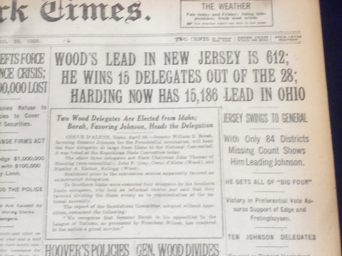 1920 APRIL 29 NEW YORK TIMES - WOOD'S LEAD IN NEW JERSEY IS 612 - NT 8290