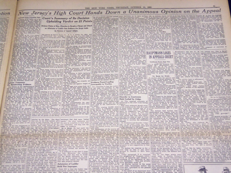 1935 OCT 10 NEW YORK TIMES - HAUPTMANN LOSES FIGHT IN APPEALS COURT - NT 4306