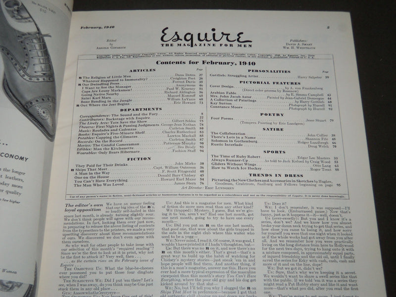 1940 FEB ESQUIRE MAGAZINE - GEORGE PETTY ILLUSTRATION - COVER AND ADS - ST 5058