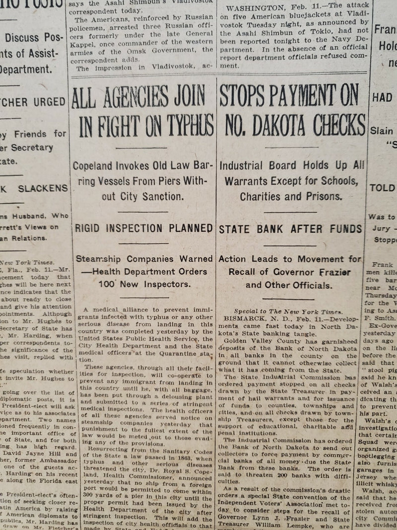 1921 FEBRUARY 12 NEW YORK TIMES NEWSPAPER - ALL AGENCIES FIGHT TYPHUS - NT 8121