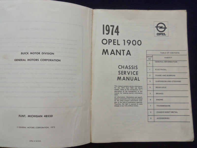 1974 OPEL 1900 MANTA CHASSIS SERVICE MANUAL - SOFTCOVER MANUAL - KD 8879