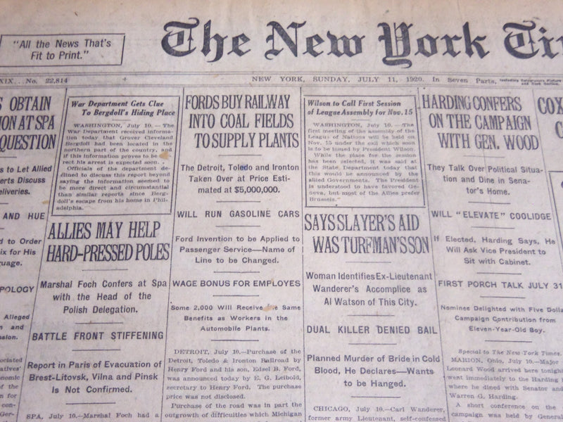 1920 JULY 11 NEW YORK TIMES - FORDS BUY RAILWAY TO SUPPLY PLANTS - NT 6775