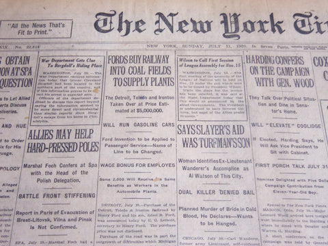 1920 JULY 11 NEW YORK TIMES - FORDS BUY RAILWAY TO SUPPLY PLANTS - NT 6775