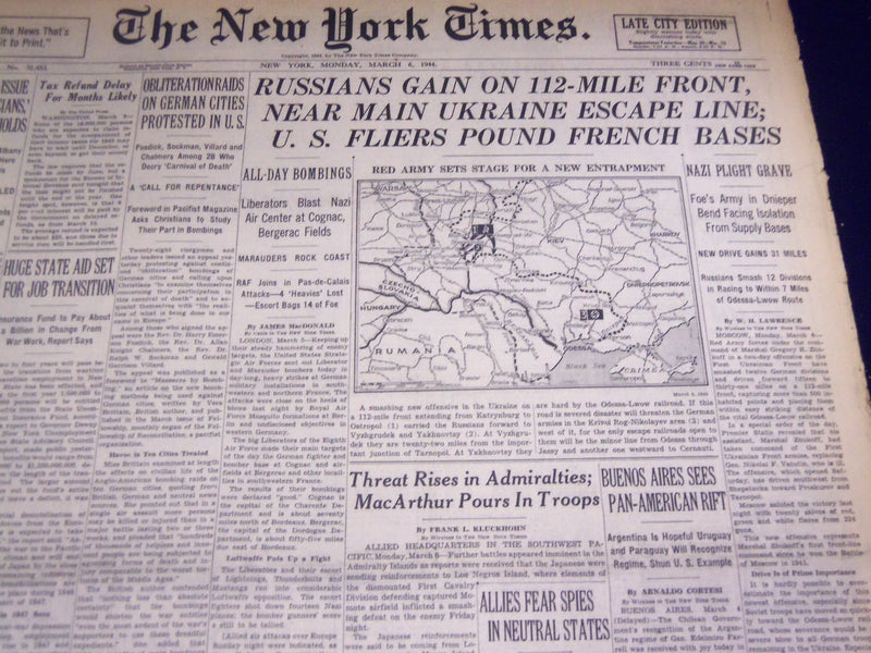 1944 MARCH 6 NEW YORK TIMES - RUSSIANS NEAR UKRAINE ESCAPE LINE - NT 3728