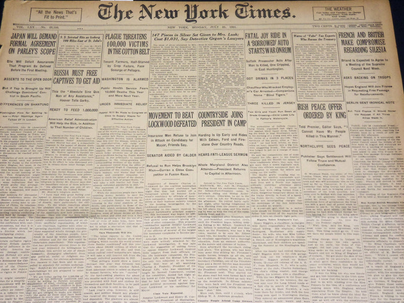 1921 JULY 25 NEW YORK TIMES - IRISH PEACE OFFER ORDERED BY KING - NT 8710