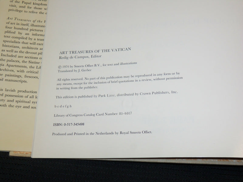 1974 ART TREASURES OF THE VATICAN HARDCOVER BOOK BY D. REDIG DE CAMPOS - R 722X