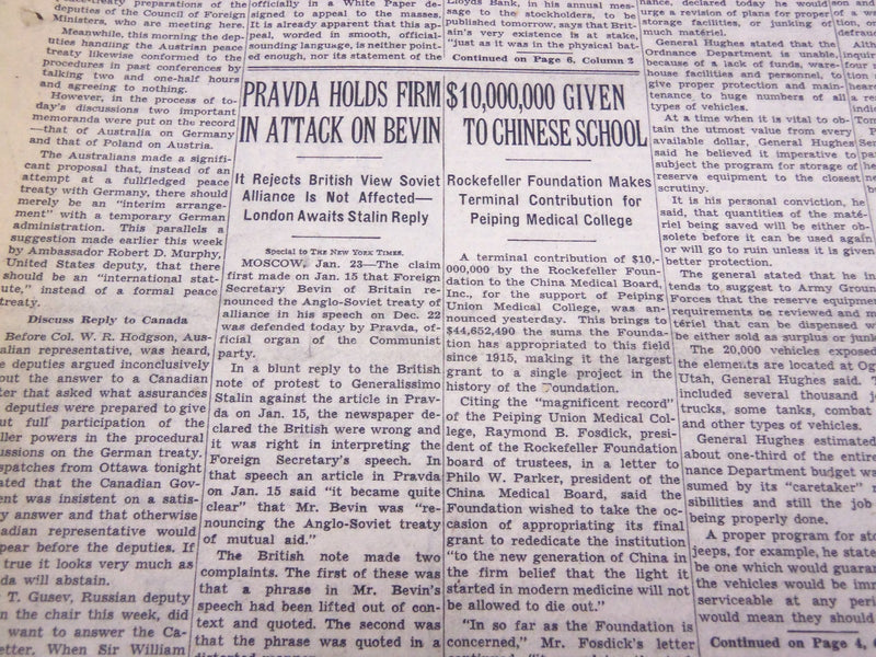 1947 JANUARY 24 NEW YORK TIMES - PRAVDA ATTACK ON BEVIN FIRM - NT 3421