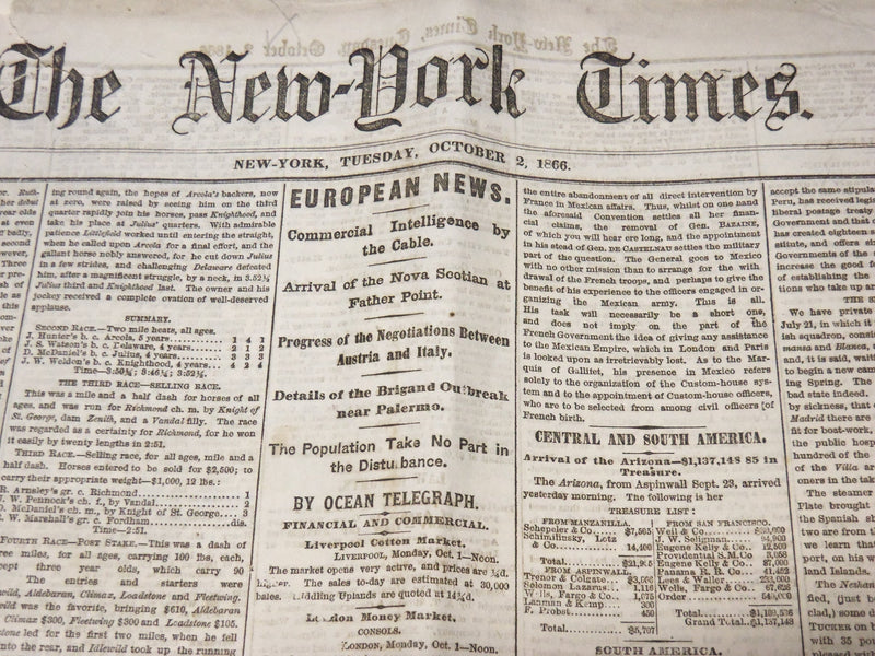 1866 OCTOBER 2 NEW YORK TIMES NEWSPAPER - JEROME PARK RACING - NP 3879Y