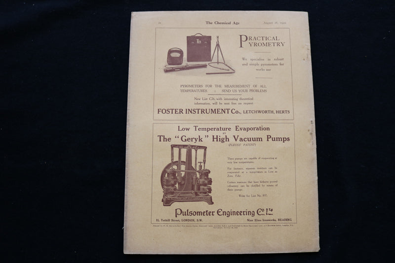 1922 AUGUST 26 THE CHEMICAL AGE MAGAZINE - BRITISH BARYTES COVER - SP 4924I