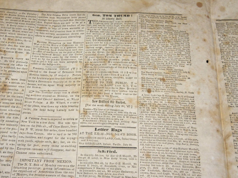 1847 JULY 9 NEW BEDFORD REPORTER NEWSPAPER - GENERAL TOM THUMB - NP 4962