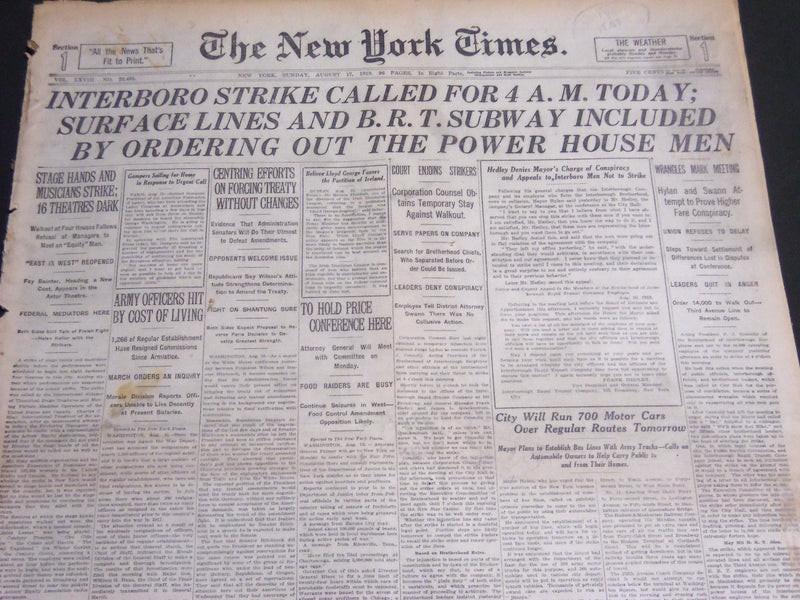 1919 AUGUST 17 NEW YORK TIMES - INTERBORO STRIKE CALLED FOR 4AM TODAY - NT 6958