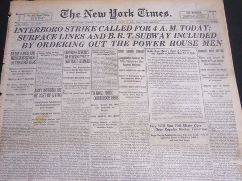 1919 AUGUST 17 NEW YORK TIMES - INTERBORO STRIKE CALLED FOR 4AM TODAY - NT 6958