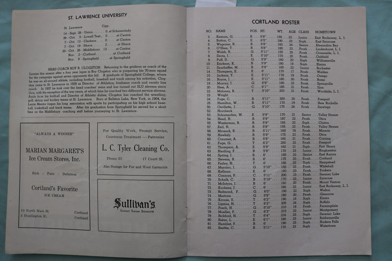 1946 NOVEMBER 2 ST. LAWRENCE VS. CORTLAND STATE FOOTBALL PROGRAM - K 3391