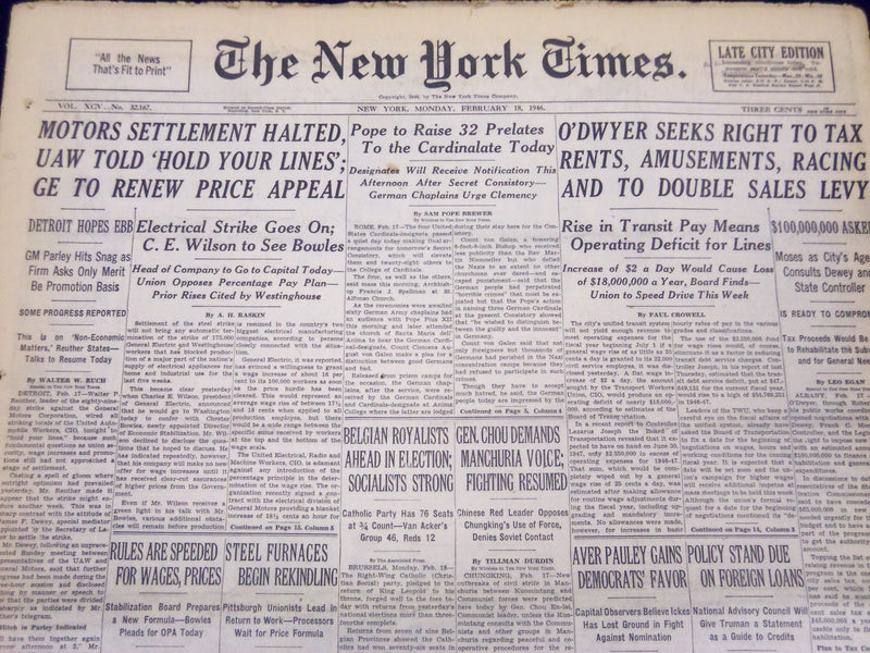 1946 FEB 18 NEW YORK TIMES NEWSPAPER - MOTORS SETTLEMENT HALTED UAW - NT 6