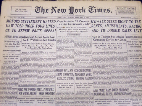 1946 FEB 18 NEW YORK TIMES NEWSPAPER - MOTORS SETTLEMENT HALTED UAW - NT 6