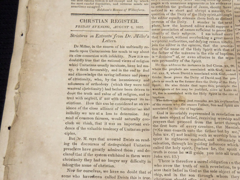 1822 CHRISTIAN REGISTER BOSTON NEWSPAPERS LOT OF 2 - VOL 1 NO. 47 & 51- NP 3879Q