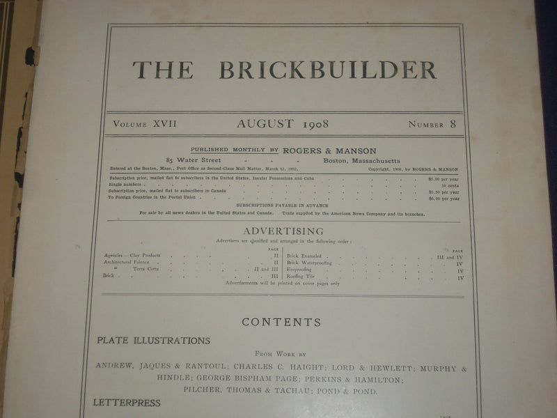 1908 AUGUST THE BRICKBUILDER MAGAZINE - AN ARCHITECTURAL MONTHLY - ST 258I