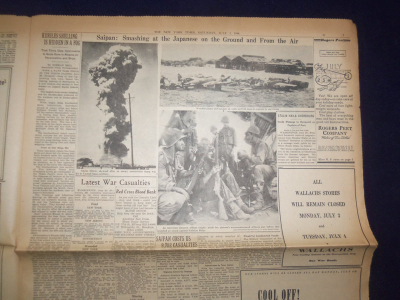 1944 JULY 1 NEW YORK TIMES -ALLIES PRESS ON CAEN AFGER BATTLES OF TANKS- NP 6582
