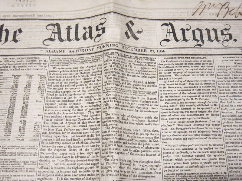 1856 DEC 27 THE ATLAS & ARGUS NEWSPAPER -PRESIDENTIAL ELECTION RESULTS- NP 3877C