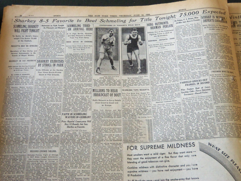 1930 JUNE 12 NEW YORK TIMES - SHARKEY 8-5 FAVORITE TO BEAT SCHMELING - NT 5624