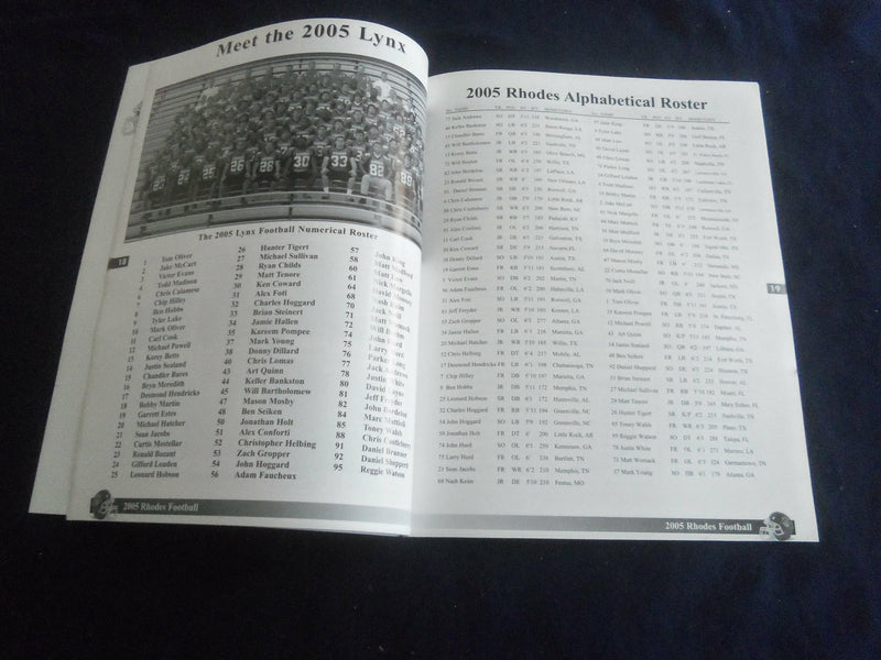 2005 NOV 12 FOOTBALL PROGRAM - RHODES COLLEGE VS SAWANEE UNIV OF SOUTH- SP 1217N