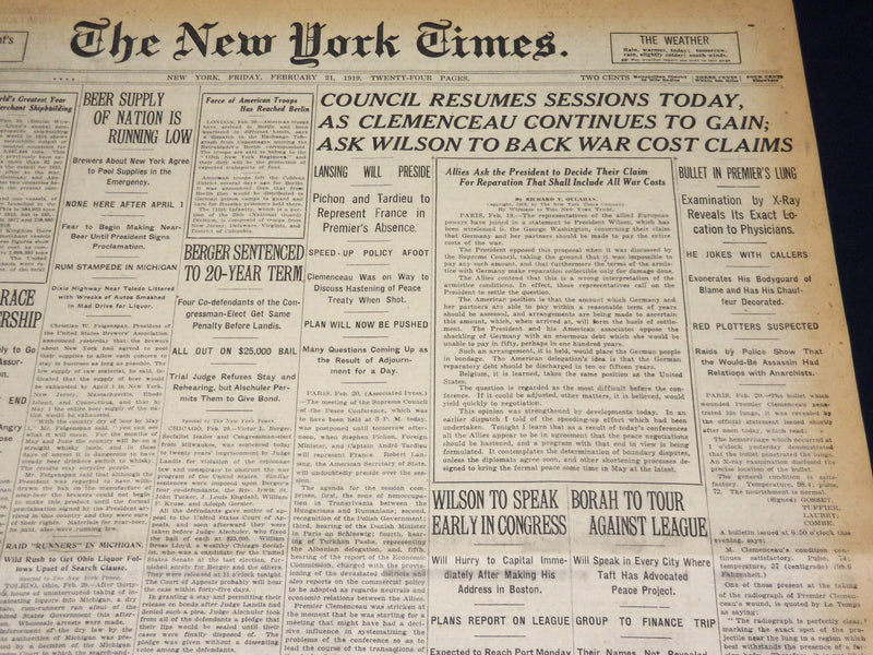 1919 FEBRUARY 21 NEW YORK TIMES - ASK WILSON TO BACK WAR COST CLAIMS - NT 7974