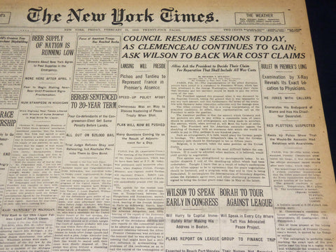 1919 FEBRUARY 21 NEW YORK TIMES - ASK WILSON TO BACK WAR COST CLAIMS - NT 7974