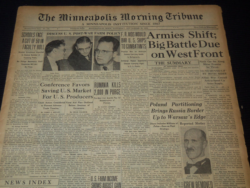 1939 SEPTEMBER 23 MINNEAPOLIS MORNING TRIBUNE - ARMIES SHIFT WEST FRONT- NT 9539