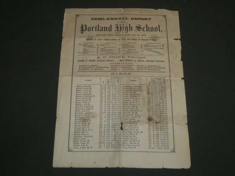 1870 PORTLAND HIGH SCHOOL SEMI-ANNUAL REPORT - BOYS & GIRLS - J 4681