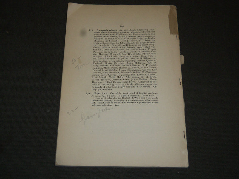 1920 AUTOGRPAH LETTERS OF HISTORICAL INTEREST AUCTION CATALOGUE - J 5210