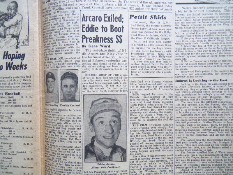 1954 MAY 19 NY DAILY NEWS NEWSPAPER - EDDIE ARCARO SUSPENDED - NP 2509
