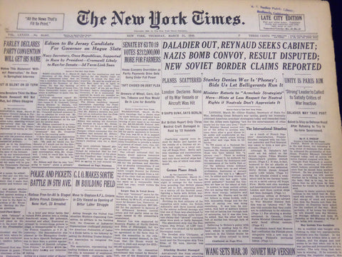 1940 MAR 21 NEW YORK TIMES NEWSPAPER - DALADIER OUT REYNAUD SEEKS CABINET- NT 44