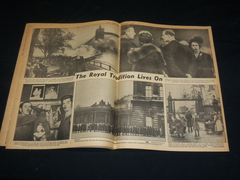 1952 FEBRUARY 8 NEW YORK DAILY NEWS - DRY-EYED QUEEN GOES TO WORK - NP 5403