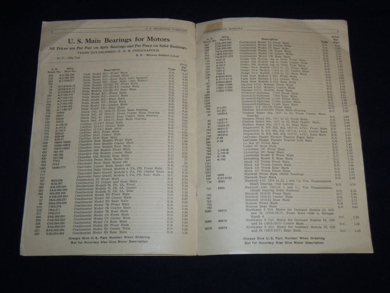 1923 U. S. MOTOR BEARING PRICE LIST NO. 110 - CONNECTING ROD & MAIN - J 9022