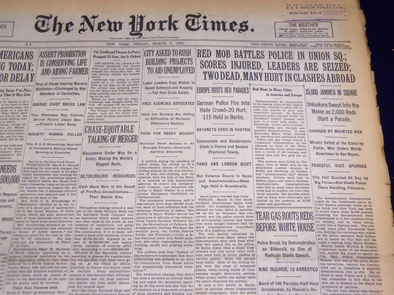 1930 MARCH 7 NEW YORK TIMES - REDS BATTLE POLICE IN UNION SQUARE - NT 3905