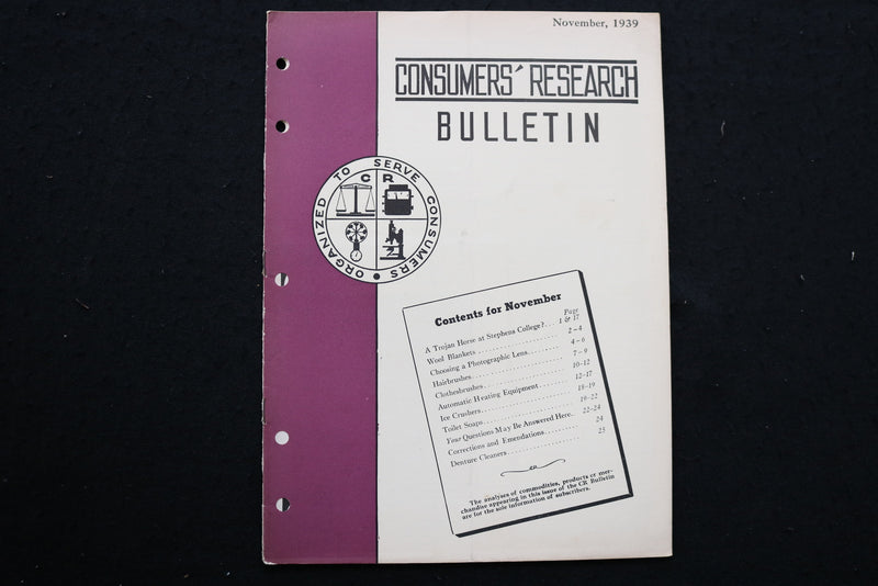 1939 NOVEMBER CONSUMERS' RESEARCH BULLETIN MAGAZINE - SP 4179E