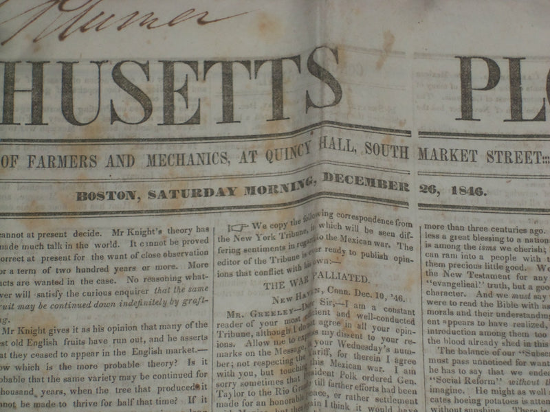 1846 DECEMBER 26 MASSACHUSETTS PLOUGHMAN NEWSPAPER - COMMODORE DECATUR - NP 5140