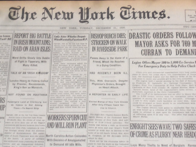 1920 DECEMBER 21 NEW YORK TIMES - BISHOP BURCH DIES ON WALK - NT 8497