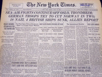 1940 APRIL 12 NEW YORK TIMES - GERMAN TROOPS TRY TO CUT NORWAY IN TWO - NT 229