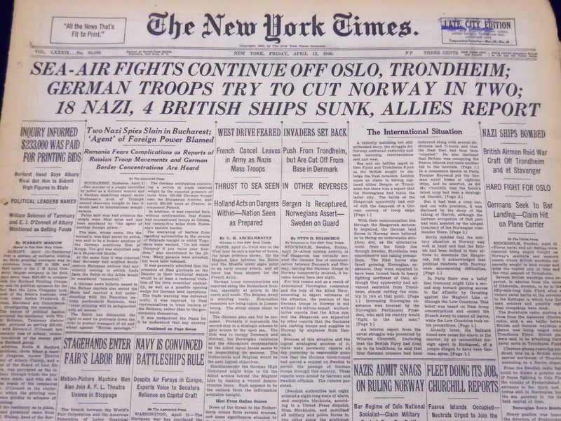 1940 APRIL 12 NEW YORK TIMES - GERMAN TROOPS TRY TO CUT NORWAY IN TWO - NT 229